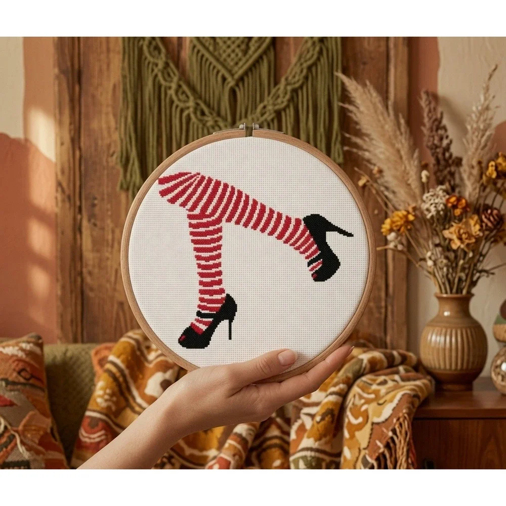 Red Striped Stockings Pin-Up Legs Shoes Modern Cross Stitch Pattern Chart